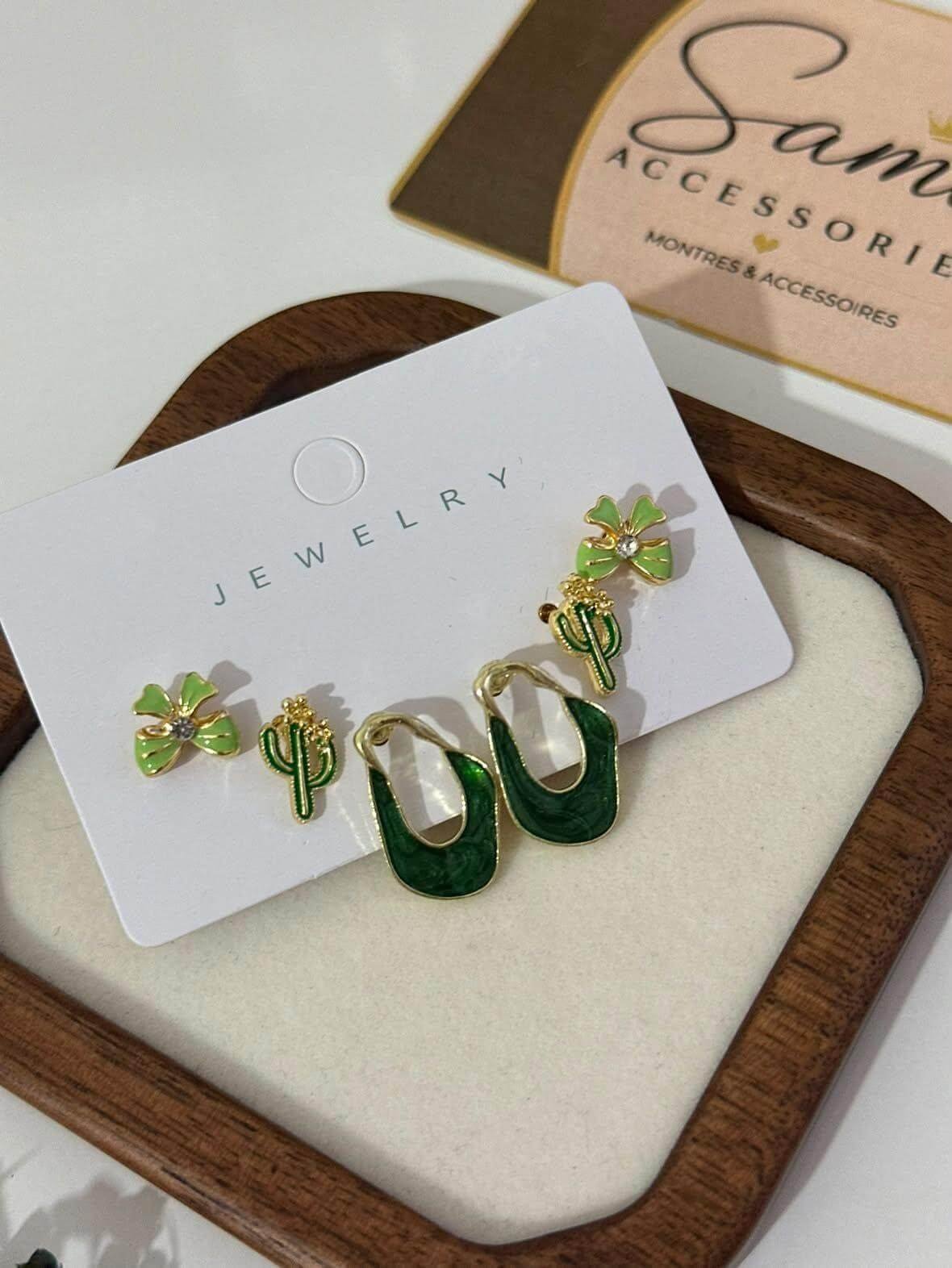 Boucles d’Oreilles Femme – Fleur & Cactus Vert