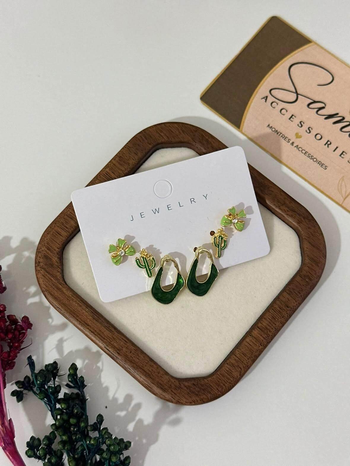 Boucles d’Oreilles Femme – Fleur & Cactus Vert
