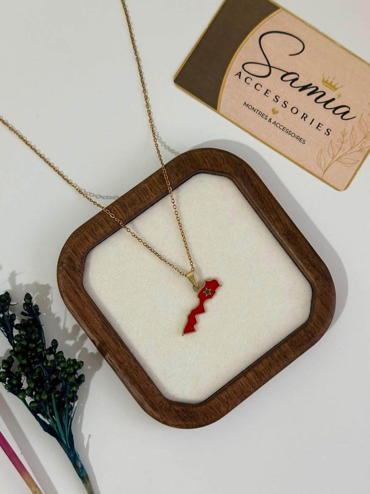 Collier en Acier Inoxydable – Pendentif Carte du Maroc