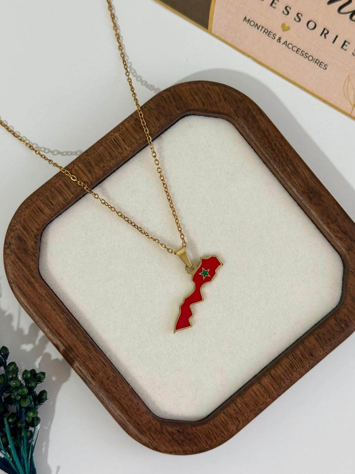 Collier en Acier Inoxydable – Pendentif Carte du Maroc