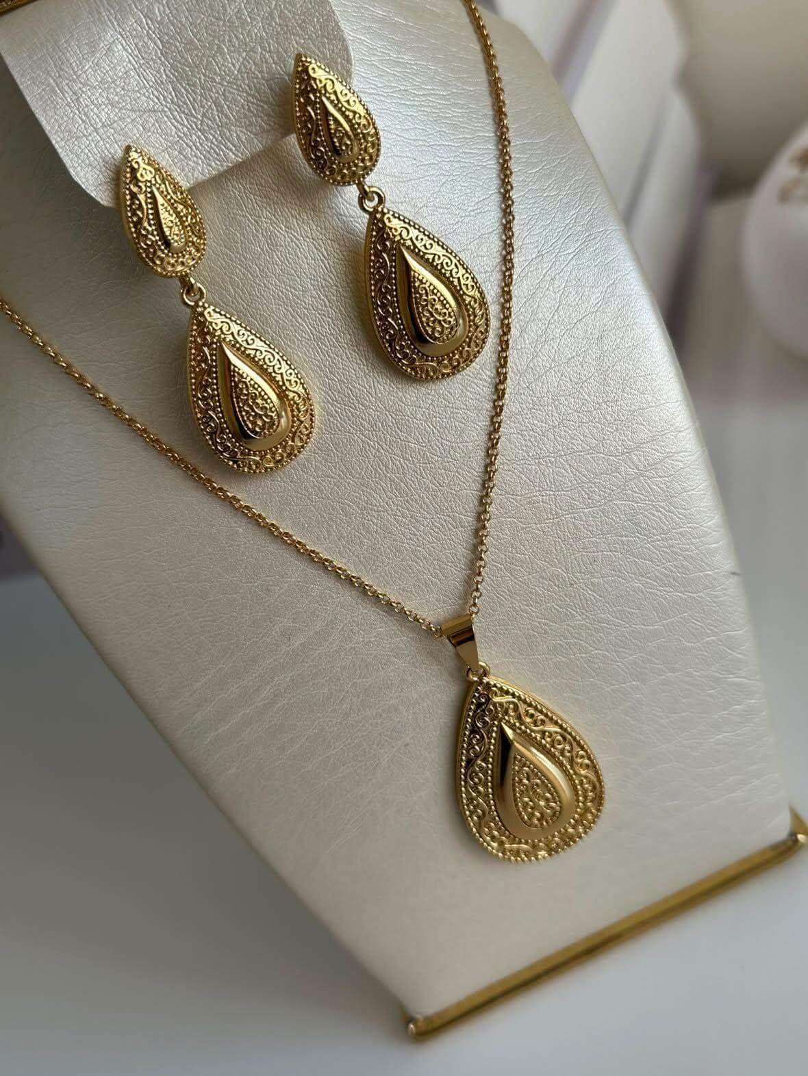 Ensemble en Acier Inoxydable – Collier, Bracelet, Bague & Boucles d’Oreilles