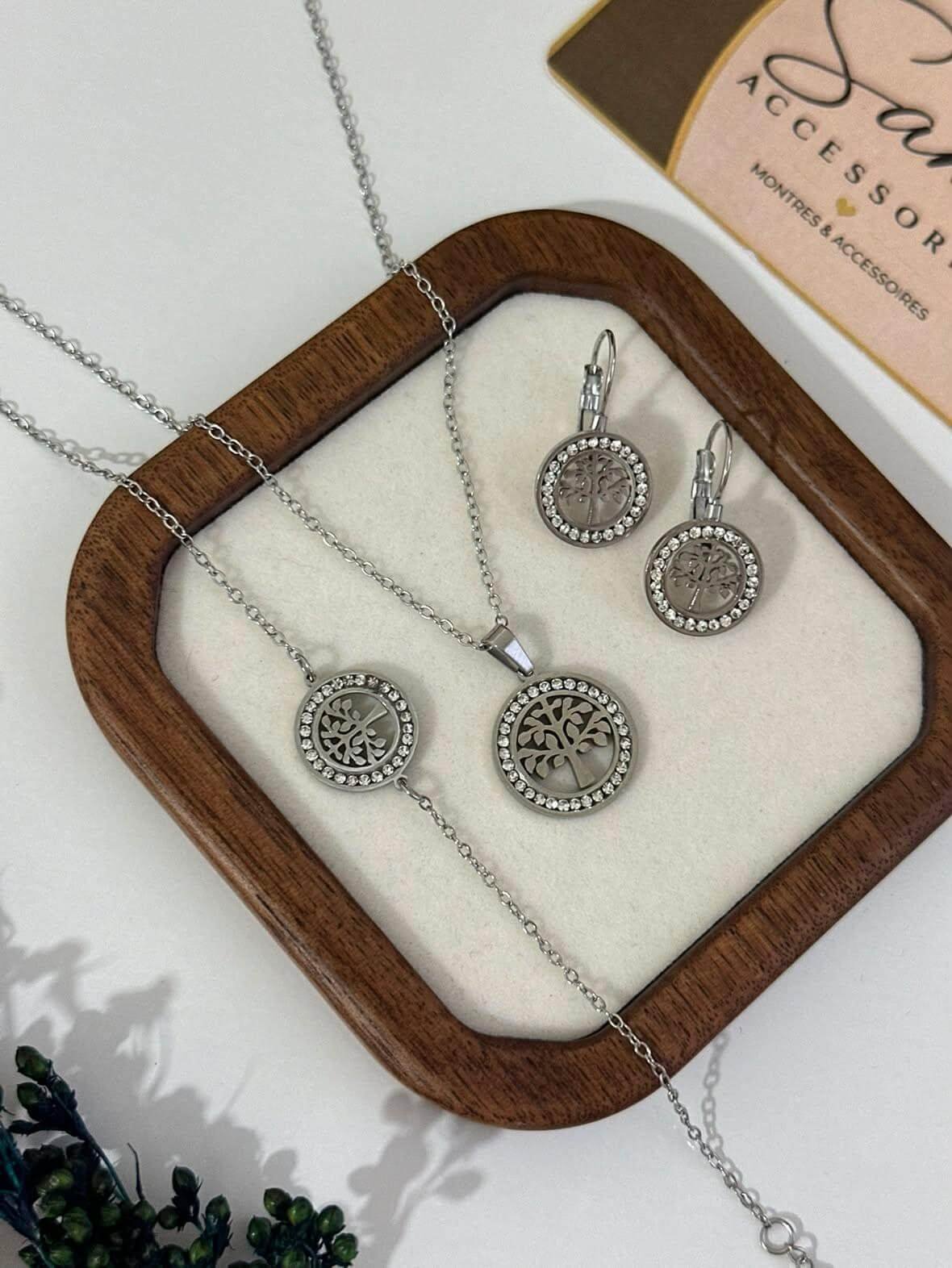 Ensemble en Acier Inoxydable Argenté – Collier, Gourmette & Boucles d’Oreilles