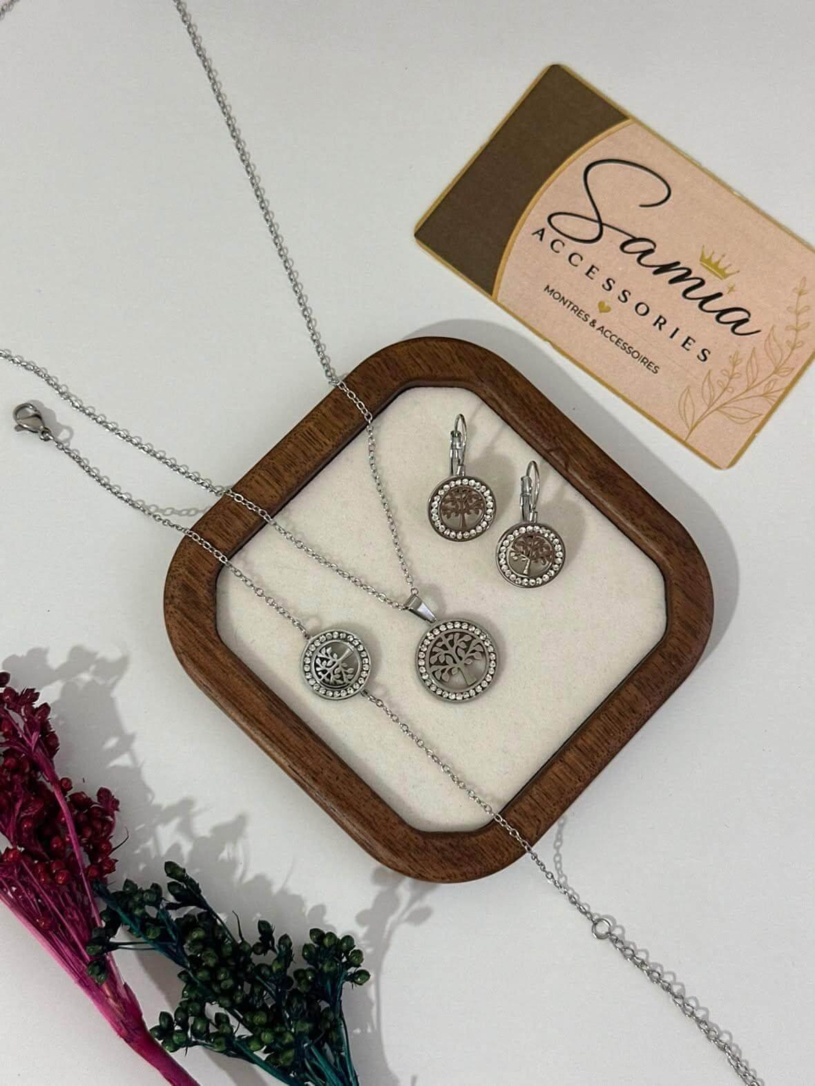 Ensemble en Acier Inoxydable Argenté – Collier, Gourmette & Boucles d’Oreilles