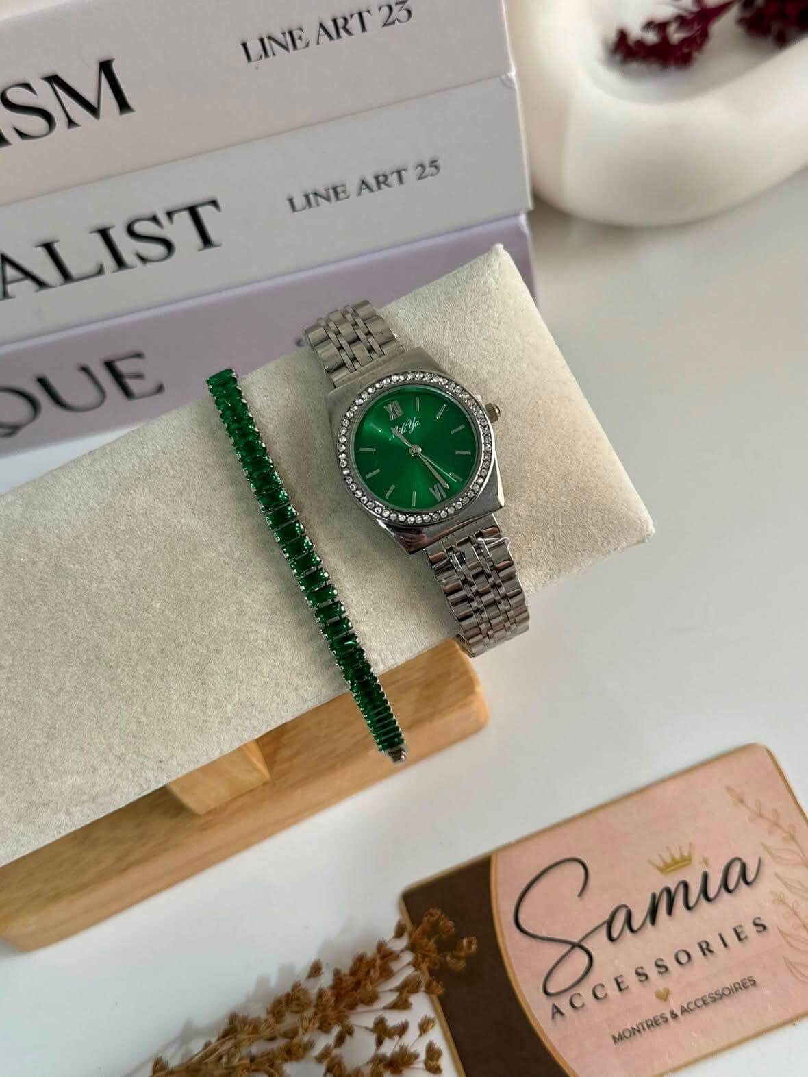 Pack Montre Miliya Cadran Vert & Rivière Argentée Zircon Vert