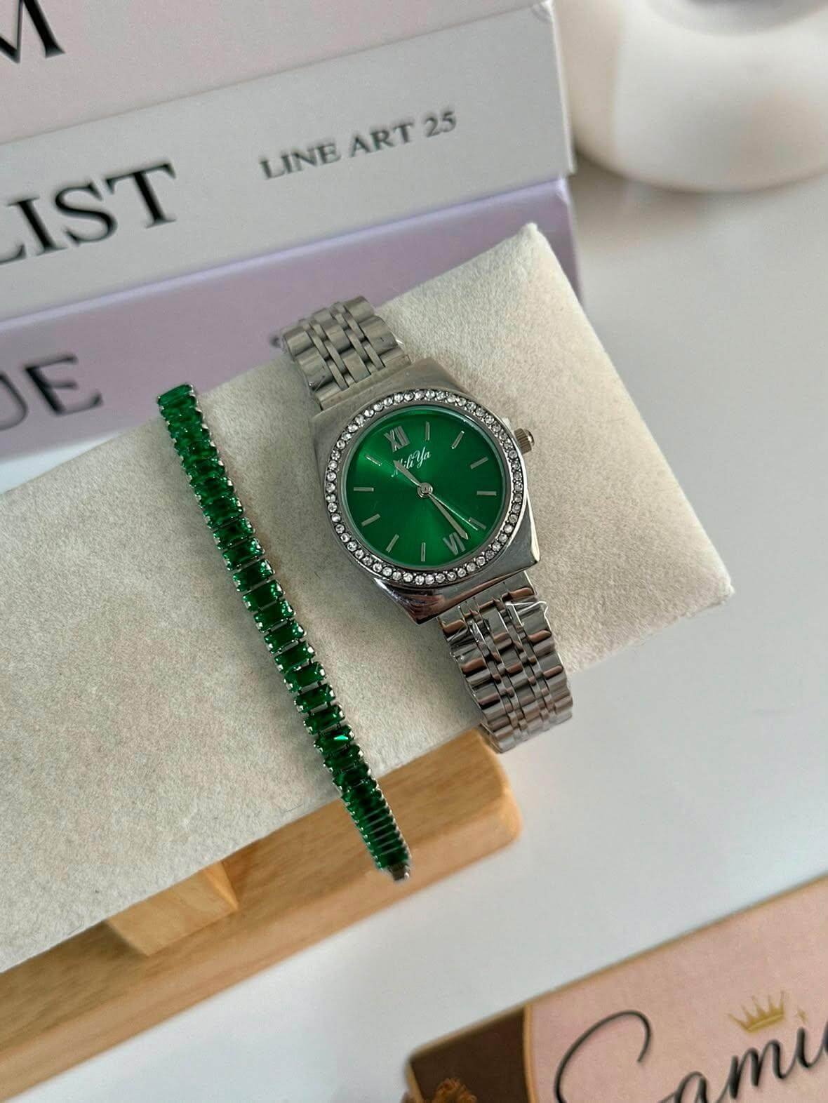 Pack Montre Miliya Cadran Vert & Rivière Argentée Zircon Vert – Image 1