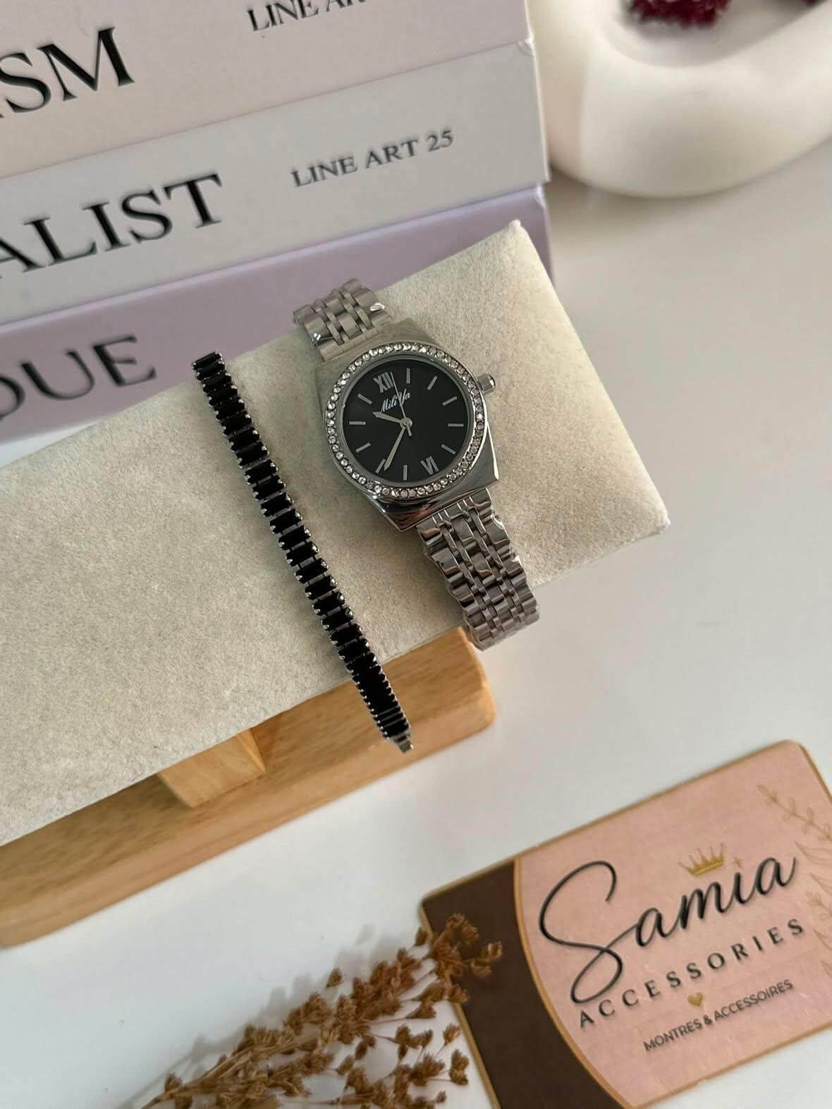 Pack Montre Miliya Cadran Noir & Rivière Argentée Zircon Noir